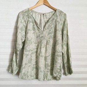 Prana Womens Blouse Top Size XL V Neck Long Sleeve Floral Print Green Pull On